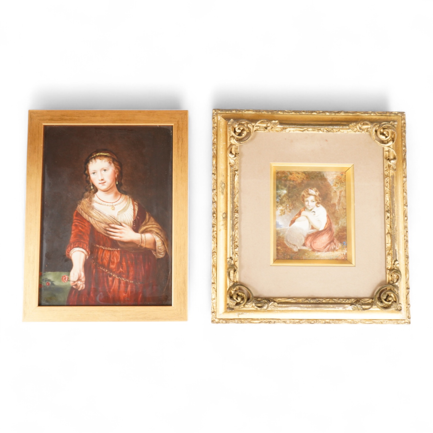 A Continental painted porcelain plaque of Saskia van Uylenburgh, after Rembrandt, together with another plaque of a young girl and her dog, after John Russell (2), Largest 17cm wide x 24cm high.